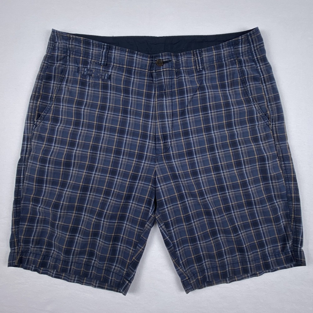 Cremieux Nantucket Mens Plaid Shorts Navy Blue Tan Cotton Size 36 Flat Front